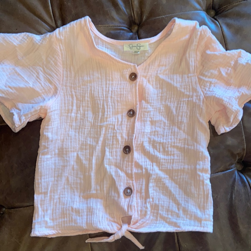 Jessica Simpson peach gauze flutter sleeve button/tie top